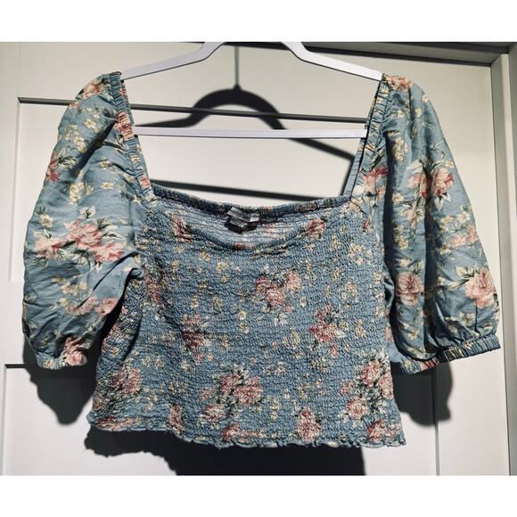 American Eagle Floral Pattern Shirred Crop Top Cotton/Linen Blend Size XL - Picture 3 of 10